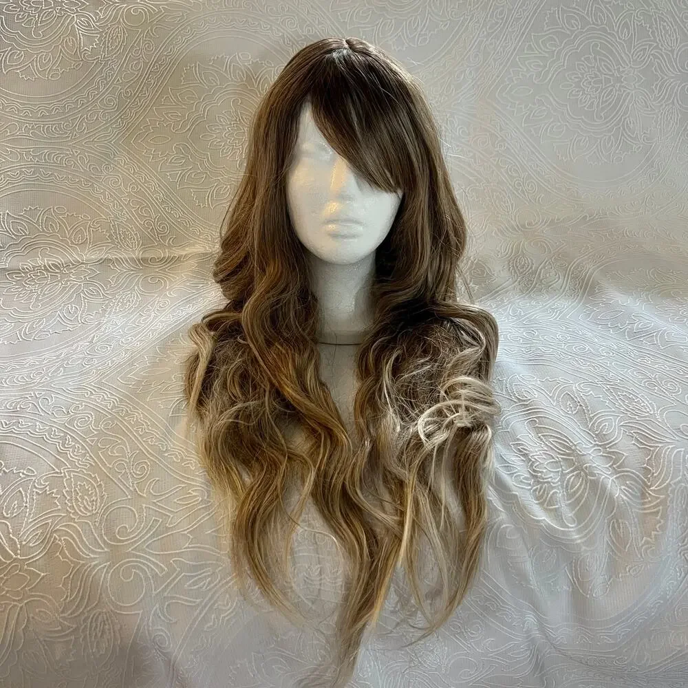 Long Wavy Brown Dark Roots Ombre Blonde Highlights Everyday Cosplay Wig